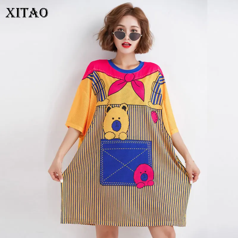 

[XITAO] 2019 New Europe Casual Loose Cartoon Short Sleeve O-neck Fashion Pullover Dress Women Summer Above Knee Dress WBB3412