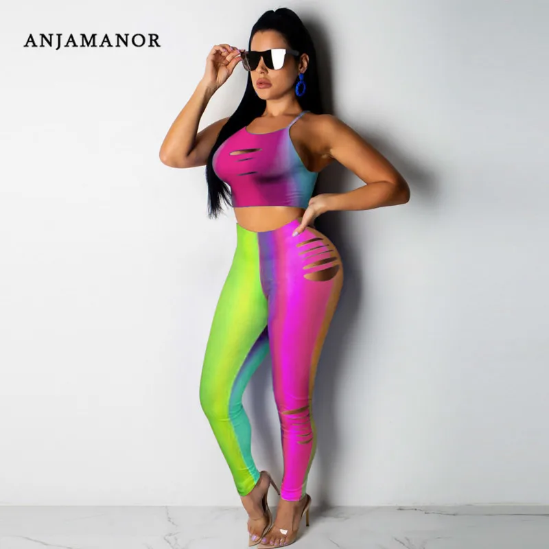 Женский неоновый Топ ANJAMANOR с градиентным неоновым галстуком и дырками комплект