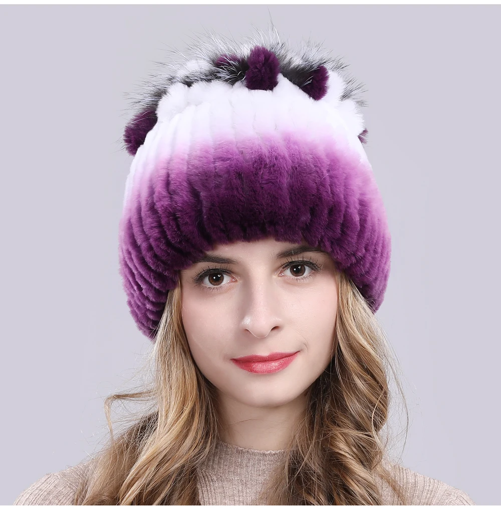 Women Natural Real Rex Rabbit Fur Beanies Hats Winter Warm Knitted Rex Rabbit Fur Caps New Female With Fox Fur Skullies Hat