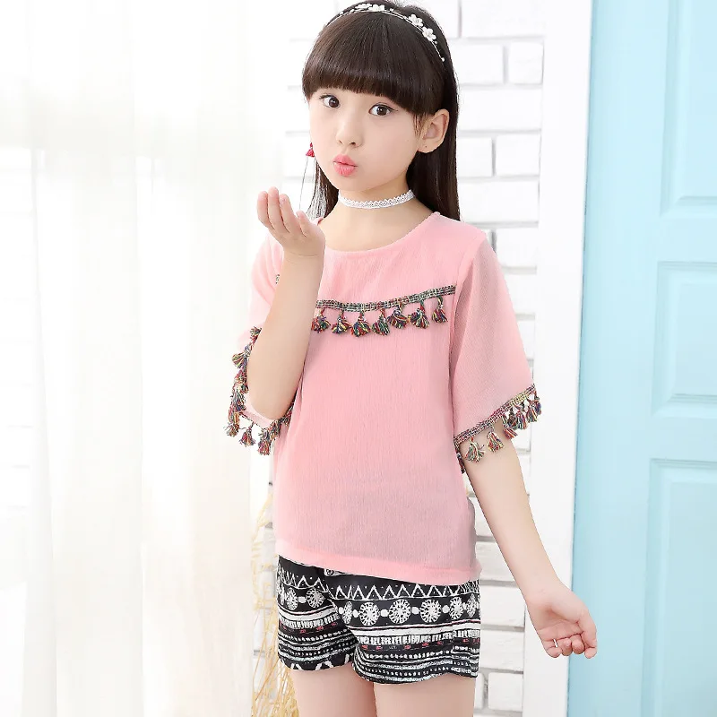 

Girls suit summer national wind two-piece children's summer short-sleeved T-shirt + shorts