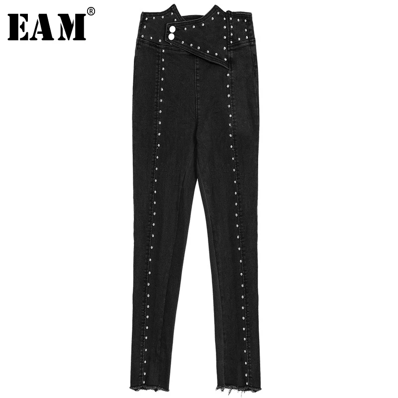 

[EAM] 2019 New Autumn Winter High Waist Black Rivet Split Joint Long Burr Loose Pencil Pants Women Trousers Fashion Tide JW408