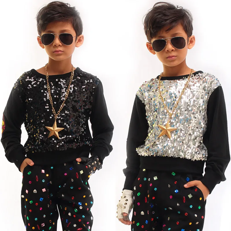 Jazz Dance Costumes Boys Sequin Hiphop Set Long Sleeved Shirt Pants Kids Street Dancing Clothes