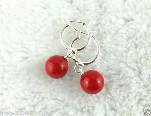

hot sell new - Hot sale new Style >>>>Fashion 10mm Round Coral Red South Sea Shell Pearl Silver Earrings AAA
