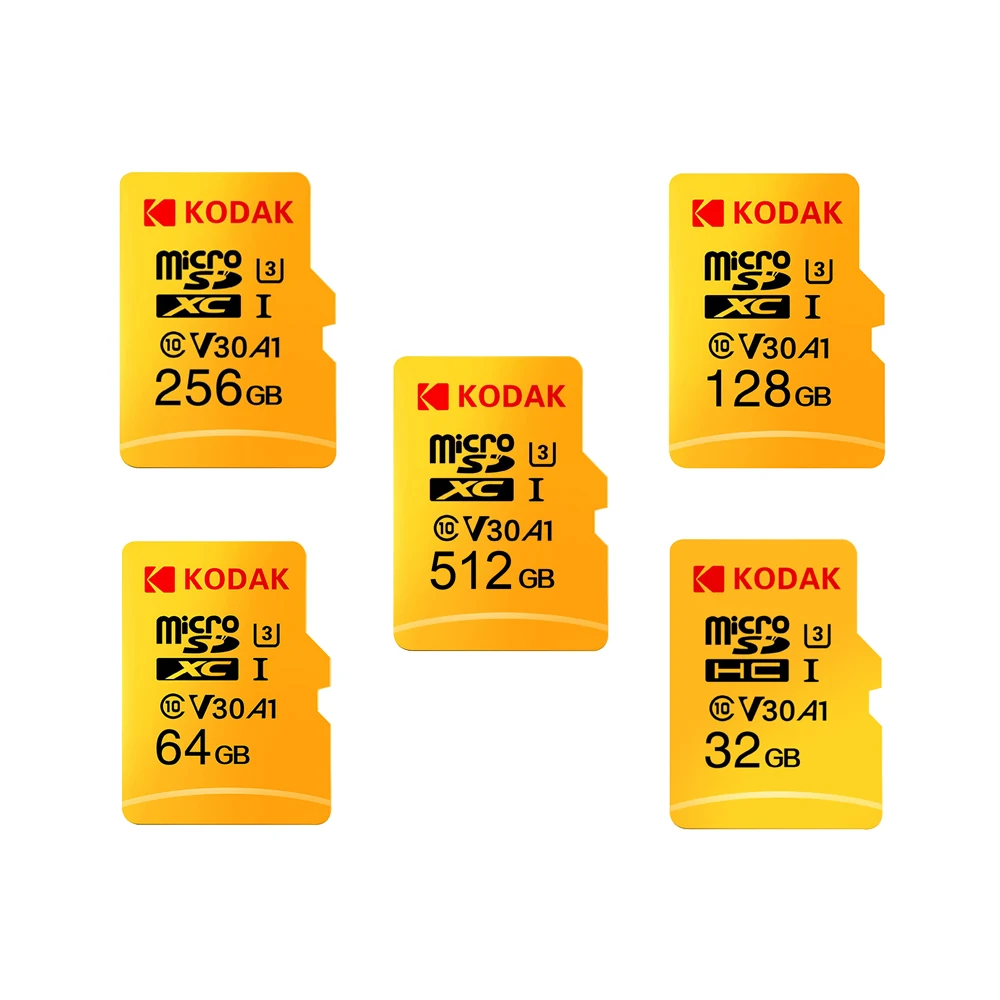 Kodak Micro SD карта, 32 ГБ, 64 ГБ 128 ГБ 256 ГБ 512 ГБ TF Карта U3 A1 V30 слот для карт памяти 100 МБ/с. чтения Скорость 4K видео запись