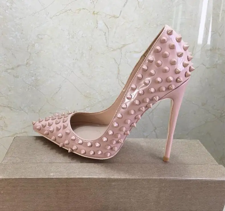

2019 Fashion free shipping Women nude Patent Leather spikes Poined Toe Stiletto high heel shoe pump HIGH-HEELED SHOE dress shoes