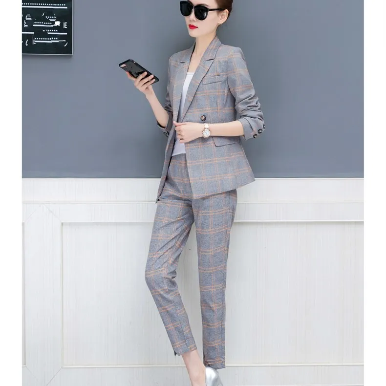 2018 Autumn New Women Plaid 2 Piece Sets Irregular Blazer  Straight Pant Office Outfits Notched Fashion Work Pant Suits