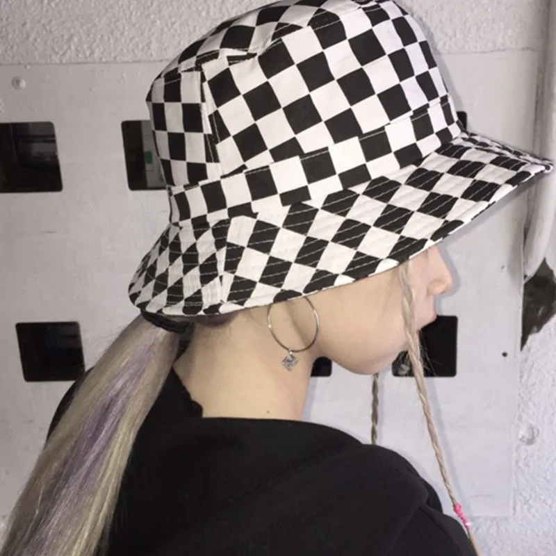 

Harajuku black and white lattice fisherman hat ladies leisure wild sun hat male street tide basin cap Hip Hop style