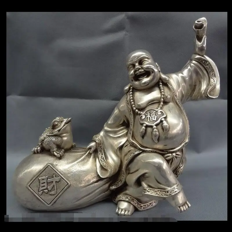 

wan6710969+++14" Buddhism Silver Toad Happy Laughing Maitreya Buddha Money Bag Statue