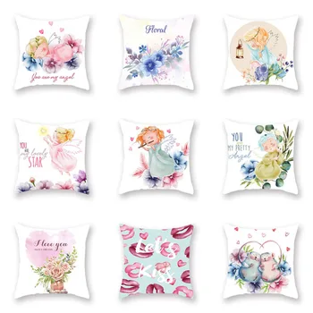 

Hot selling home pillowcase painted angel polyester pillowcover living room decoration sofa pillow car seat lumbar cushion cover
