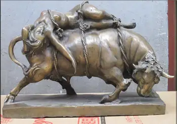 

FREE SHIPPING 16"western art statue Bronze nude beautiful belle tied in the back of a bull OX fast