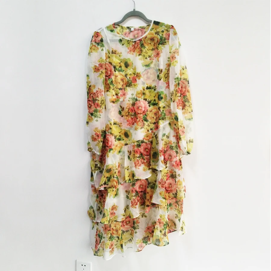 New Arrival High Quality Luxury Designer Yellow Ruffles Irregular Floral Print Midi Boutique Dress Vocation Beach Dress