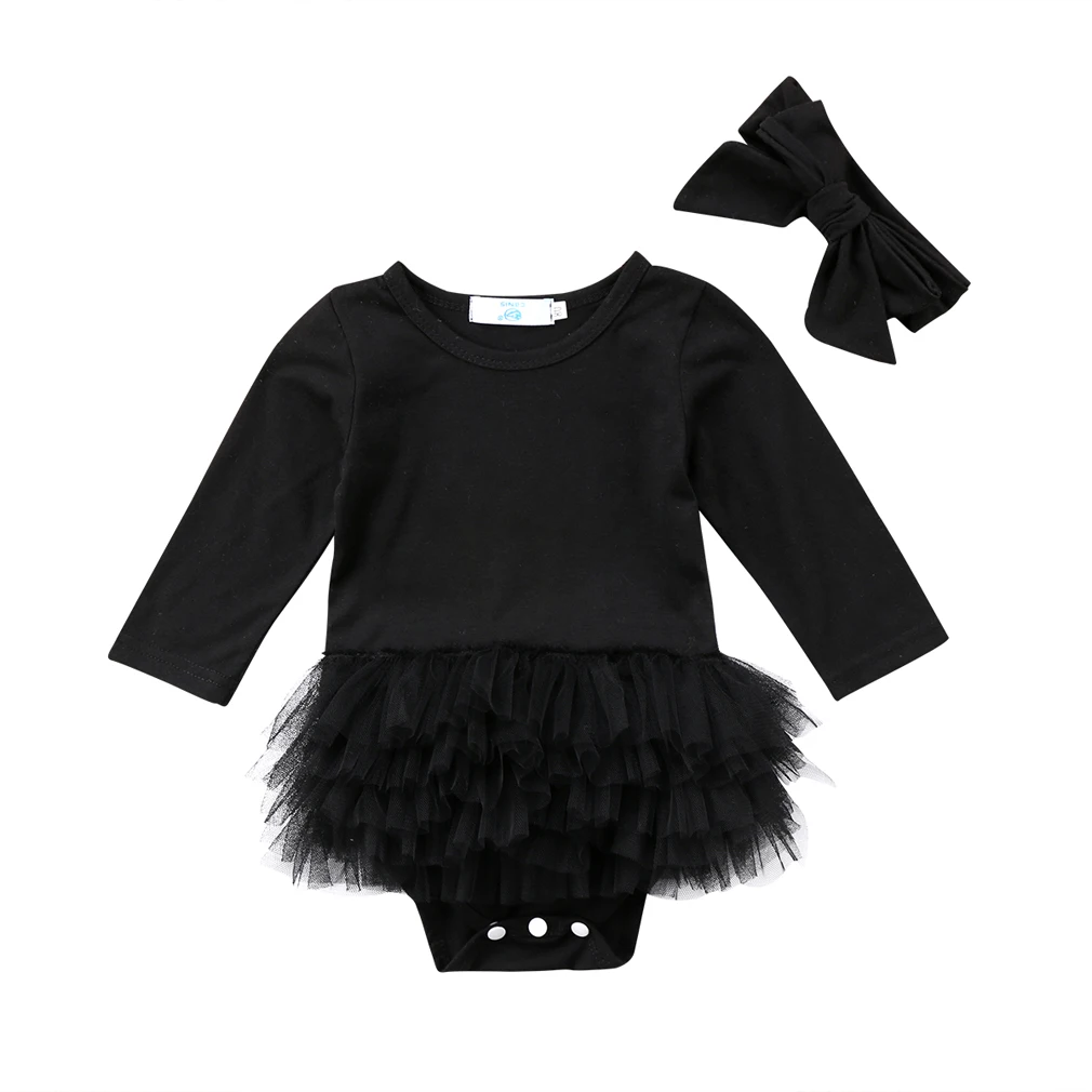 

Newborn Baby Girl Clothes Black Lace Dress Jumpsuit Long Sleeve Bodysuit Clothes Headband Outfit Sets Infant Baby Sunsuit