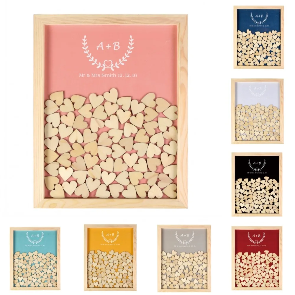 

Personalized Engraved Rustic Wooden Drop Top Frame Wedding Guest Book Box Love Olive Alternative Unique 130Pcs Hearts Decor