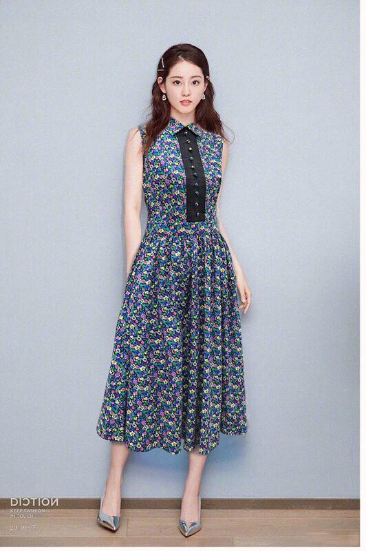 High Quality Brand Pure Cotton Clothes Women Summer Vintage Printed Dress Turn Down Collar Sleeveless Slim A Line Dresses