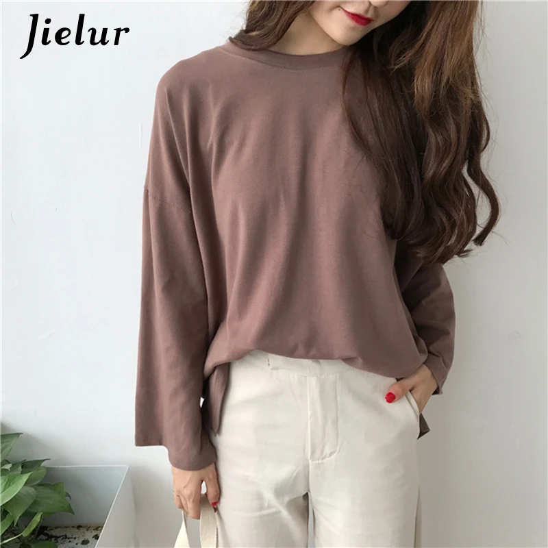 Jielur 7 Solid Color High Quality Harajuku T Shirt Women Flare Sleeve Basic Korean Top Femme Long Sleeve White Tshirt Feminina Tops