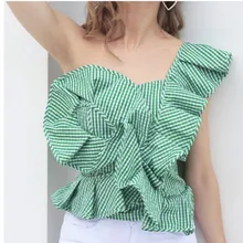 Summer Fashion Women Blouse Strapless Stripes Flounced Shirts Slim Sleeveless Shirt Blouse