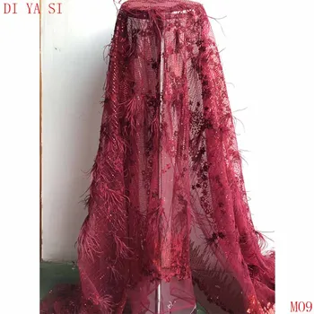 

gold lace evening lace fabric handmade 3D flowers pearls rhinestones feather and sequins on mesh lace fabric