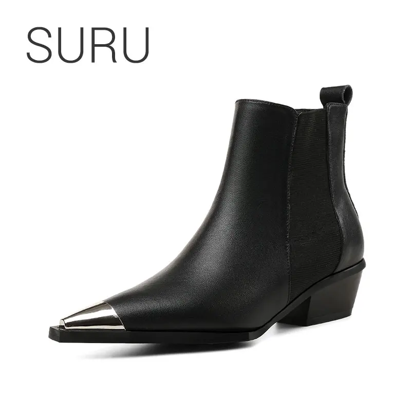 

SURU Natural Real Leather Chelsea Boots For Women 4cm Block Heel Ankle Boots With Elasticated Side Panels Black White Size 43