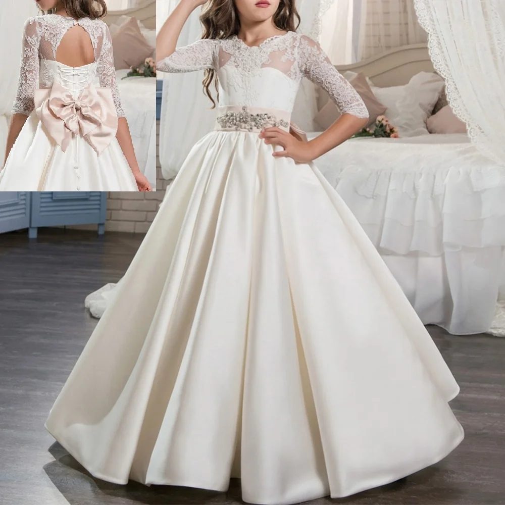 

Baby Kid Girls Princess Dress Lace Beaded Gown Dress for Kids Wedding Bridesmaid Birthday Party Tulle Long Girls Dress 2-13Y