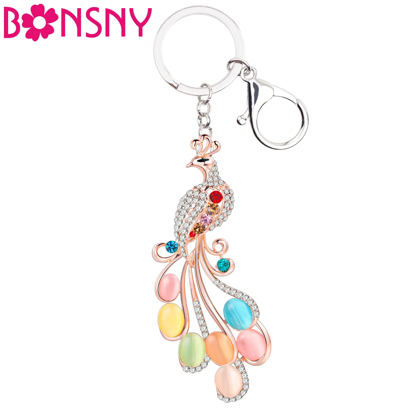 

Bonsny Metal Rhinestone Opal Peacock Key Chain Keychains Ring Bag Decoration Charms Novelty Animal Jewelry For Women Girls Gifts