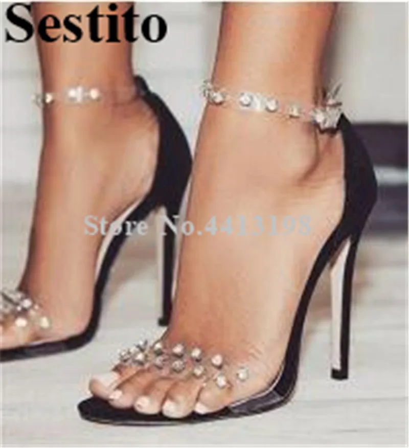 

European Rhinestone PVC Peep Toe Casual Sandals Super High Thin Heels Sandals Ankle Buckle Strap Cover Heel Summer Women's Shoes