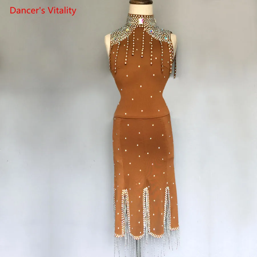 

High Collar Sleeveless Diamond Dress Adult/Child Latin Dance Competiton Clothing Women/Girls Performance Costume Dancewears