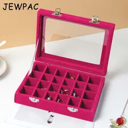 JEWPAC розовый, красный, 24 Сетки, бархат, стекло, Ювелирное кольцо, дисплей, ящик-органайзер, поднос, держатель, серьги, чехол для хранения