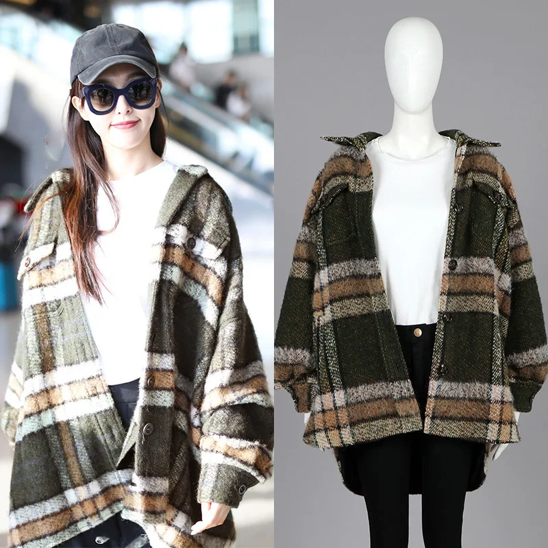 

Tang Yan's Same Plaid Wool Jacket Tweed Windbreaker Medium-length Loose Thicker for Women Spring 2019 Women Coats and Jackets