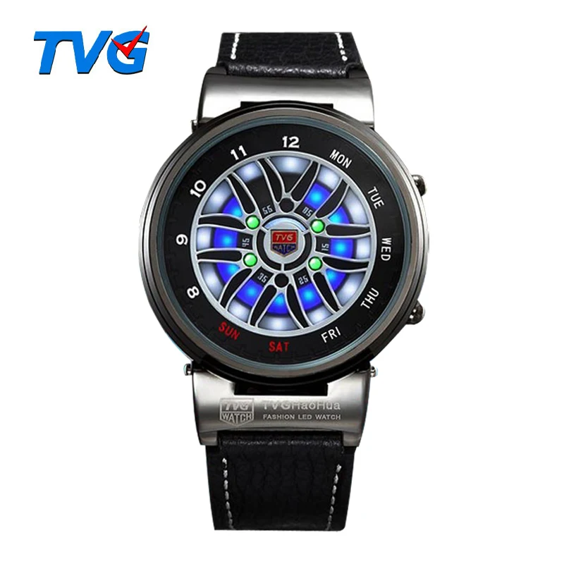 

TVG Brand Men's Clock Fashion Blue Binary LED Pointer Watch Stainless Steel 30AM Waterproof Watches Hours For Men Hommes