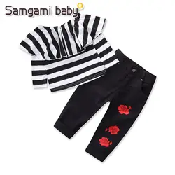 Samgami Baby повседневная одежда комплект 2019 новый стиль комплект одежды для девочек с длинным рукавом в полоску Топы цветочный принт черные