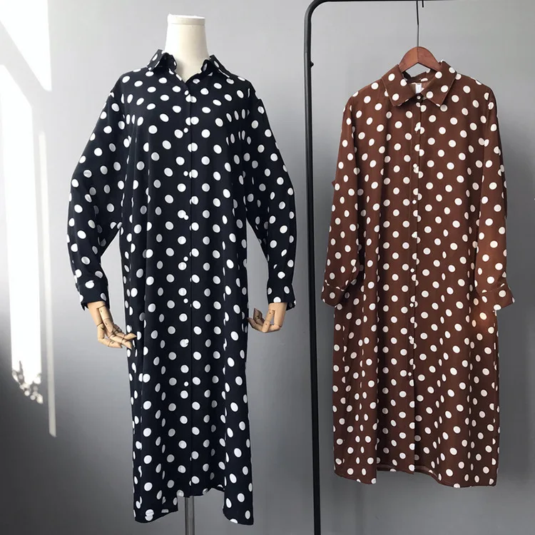 Beste Mooirue Zomer 2018 Vrouw Jurk Koreaanse Stijl Polka Dot Chic Lange Mouwen Straight Maxi Vestidos Vrouwelijke Bruin Zwart Strand Jurk