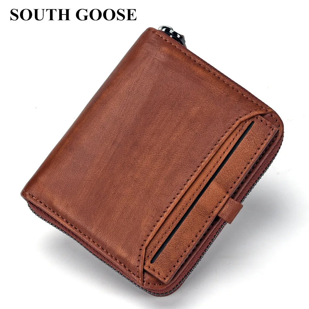 

SOUTH GOOSE Genuine Leather Men Retro Wallets Male Multi-functional Cowhide Purse Card Holder Male Clutch Zipper Clamp For Money