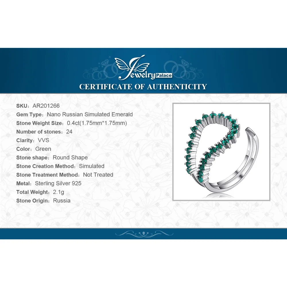 JewelryPalace 0.5ct Nano Russian Simulated Emerald Open Ring 925 Sterling Silver Engagement Wedding Band New Arrival Gift