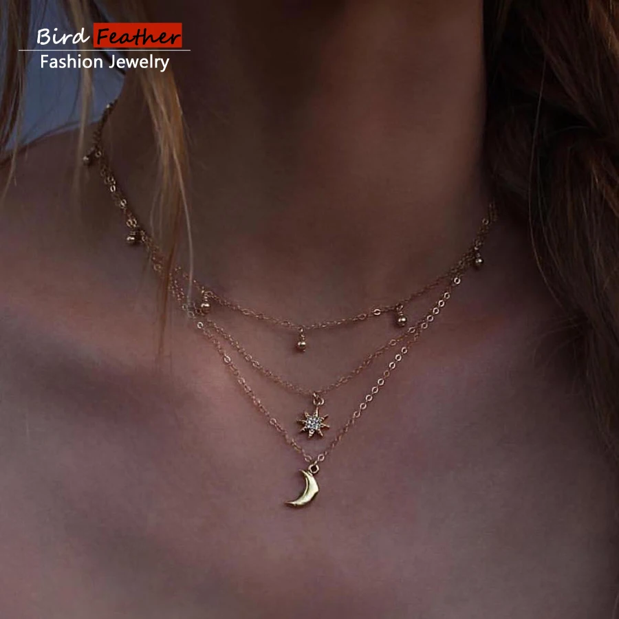 Gold color Choker Necklace for women Long simple moon Pendant Chain