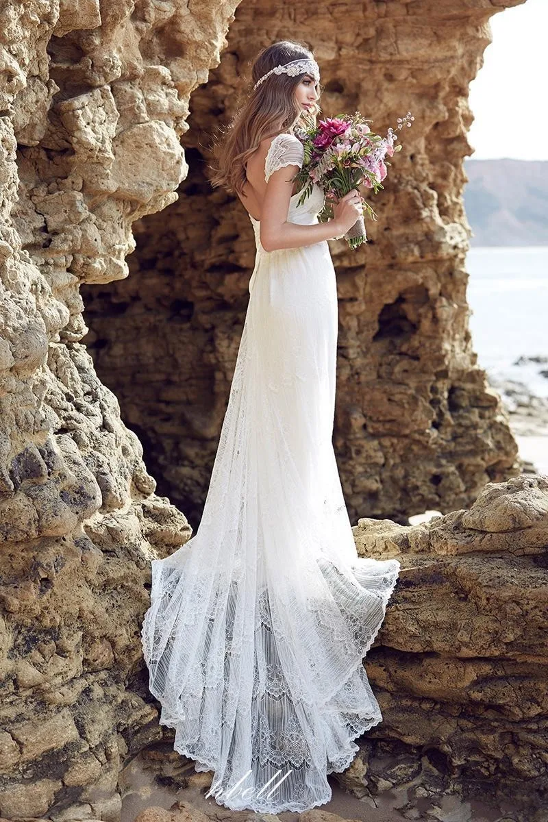 Fast Shipping In Stock Discount White Lace Short Sleeves Bridal Gown