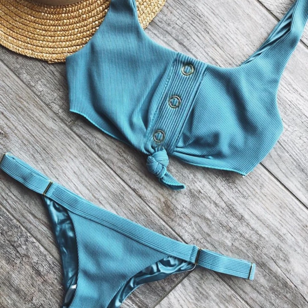 blue ribbed bikini set