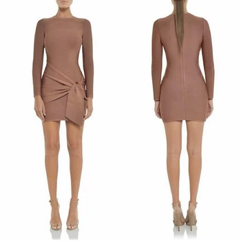 

Elegant Long Sleeve Brown O Neck Bow Solid Bodycon 2018 New Bandage Dress Mini Clubwear Celebrity Party Vestidos Wholesale