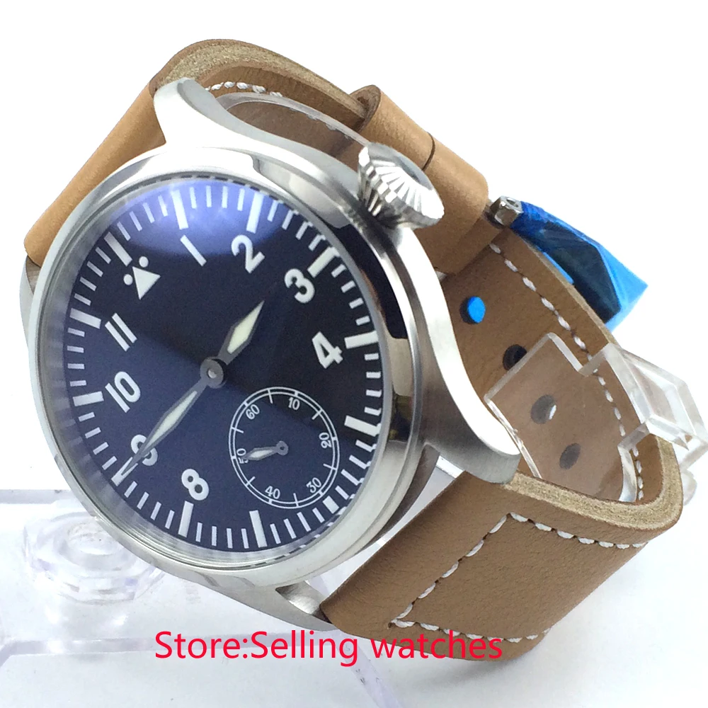 

47mm parnis black dial blue luminous 6498 hand winding movement mens watch