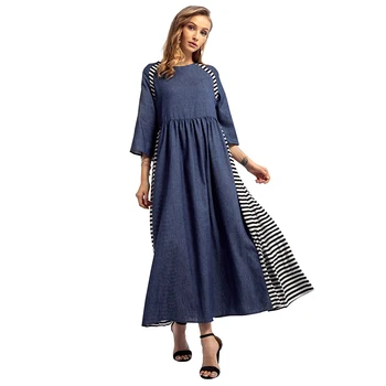 

2018 Women Fashion Striped Denim Long Dresses Islamic Muslim Loose Jean Dress Middle East Maxi Robe Dress