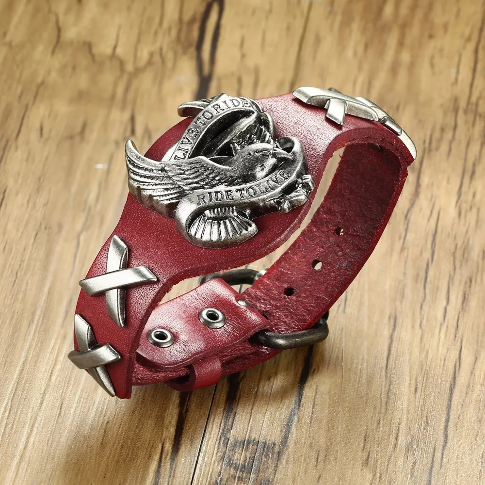 

Men's Boy's Live to ride, Ride to live! Eagle Logo Leather Bracelet for Men Motorcycle Biker Punk Wristband Bangle Male Jewelry