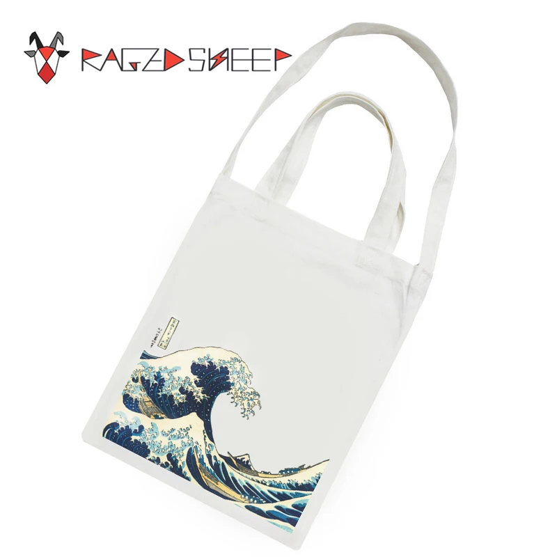 Raged Sheep Fashion Cotton Grocery Tote Shopping Bags Folding Shopping Cart Eco Grab Reusable Bag With Sea Wave Print Raged Sheep Fashion Cotton Grocery Tote Shopping Bags Folding Shopping Cart Eco Grab Reusable Bag With Sea Wave Print