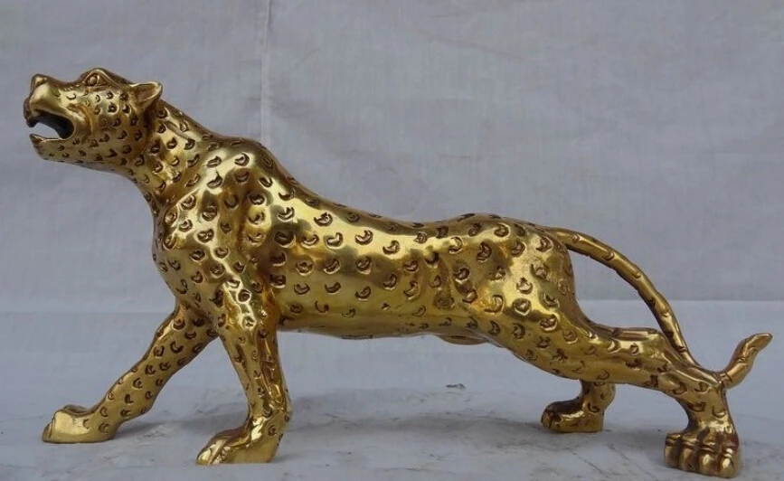 

11" Chinese Brass Animals FengShui Wealth Feral Ferocious Leopard Panther Statue