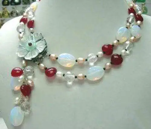 

Fashion 2Rows White Pearl Moonstone Red Ruby Shell Flower Clasp Necklace 5.27