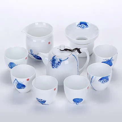Ручная роспись синий и белый керамический чайный набор кунг-фу Gaiwan белый фарфоровый чайник Крышка Чаша чайная чашка 6 человек домашний подарочный набор - Цвет: 03 Style