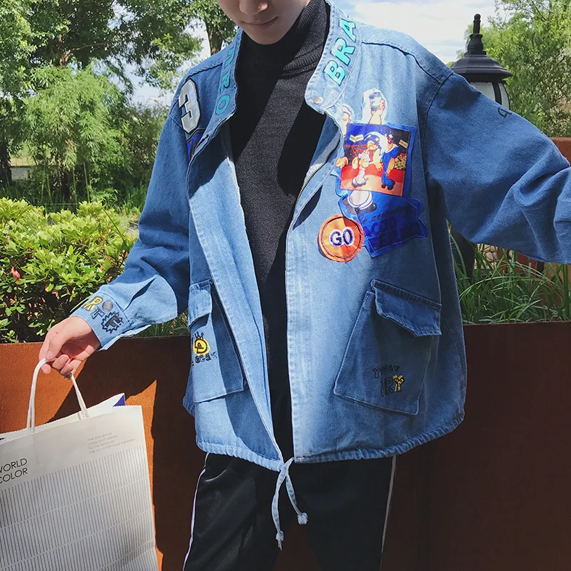 

2018 Men Casual Cartoon print Slim in blue Denim Bomber Jacket High Quality coats brand outwear male cowboy Vintage clothes XL