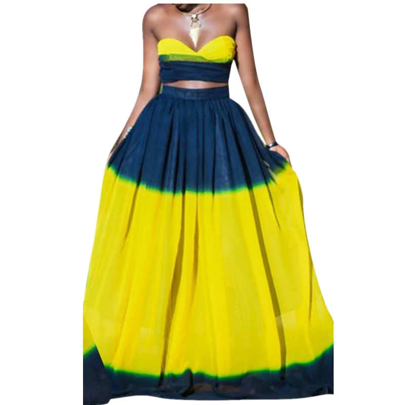 

Summer Two Piece Set Womens Sexy Strapless Backless Sleeveless Top & Elegant Floor-Length Skirts Fashion Printing Evening Suits