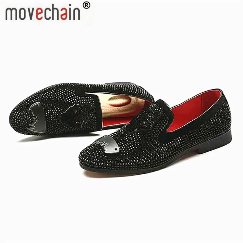 

movechain Men's Luxury Suede Leather Loafers Mens Casual Rhinestone Rivets Embroidery Moccasins Shoes Party Driving Flats #2502