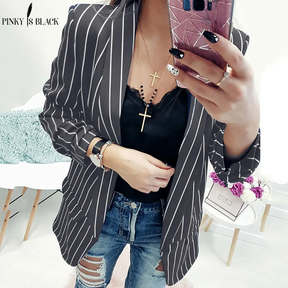 PinkyIsBlack Spring Female Blazer Jacket Black White Striped Casual Suit Long Sleeve Women Jacket Blazer Autumn Cardigan Femme