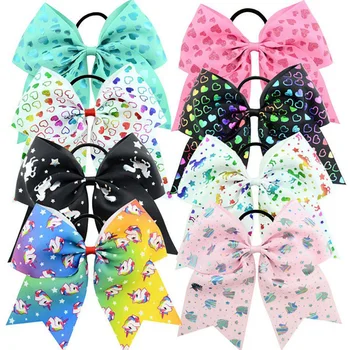 

8pcs/lot 6''Girls Large Hair bow Unicorn heart shape rope Bowknot With Elastic Hair Bands For Kids unicorn Ponytail Holder A54