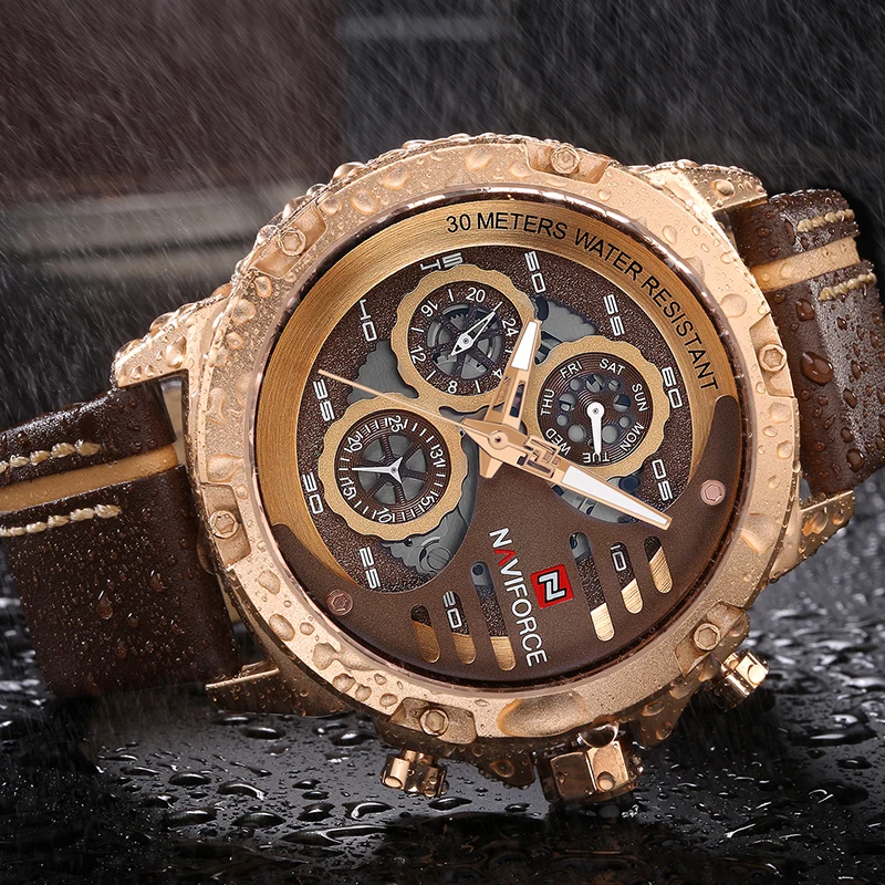 NAVIFORCE Men Fashion Creative Quartz Wristwatches Waterproof Leather Strap Sports Watches Casual Clock Male Relogio Masculino megir men creative fashion quartz wristwatches luxury top brand waterproof sports watches leather strap clock relogio masculino